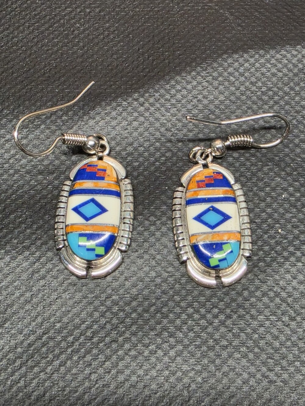 Sterling Silver Southwestern Mosaic Inlay Dangle Earrings Zuni Style